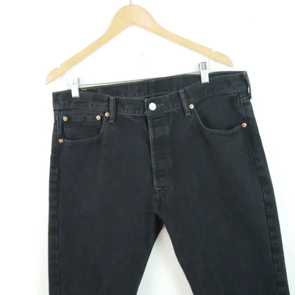 Levis 501 Jeans Mens 36 x 34‎ Black Rigid Denim Button Fly Straight Leg Classic